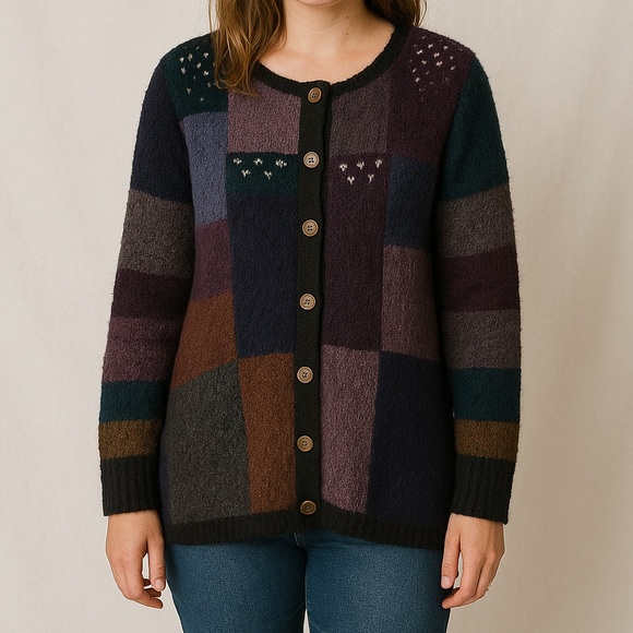 Peruvian Connection Crochet Patchwork Cardigan XL Multi Alpaca Wool Cotton Boho - Picture 1 of 9
